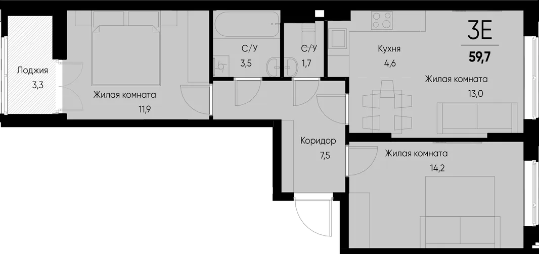 Планировка 3-комн. квартира, 59.8 м² ЖК «Васильевский остров»