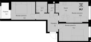 Планировка 3-комн. квартира, 59.8 м² ЖК «Васильевский остров»