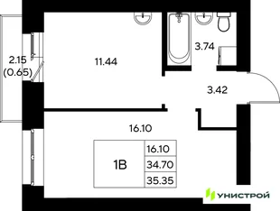 Планировка 1-комн. квартира, 35.35 м² ЖК «Царёво City»