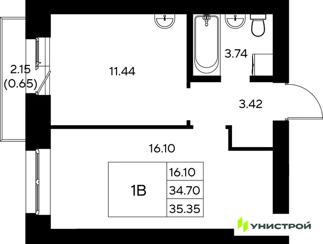 Планировка 1-комн. квартира, 35.35 м² ЖК «Царёво City»
