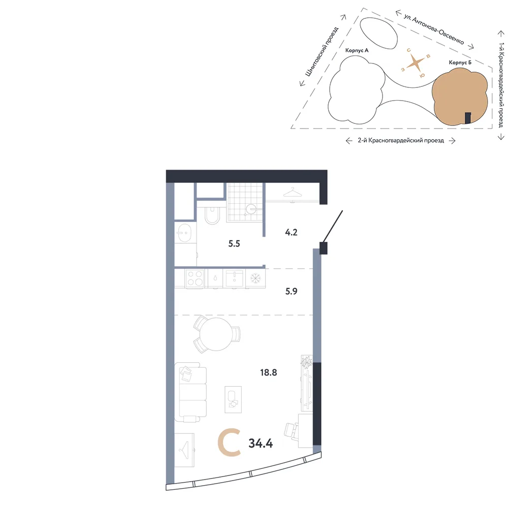 Планировка Студия, 34.4 м² ЖК «АУРУС Резиденции»