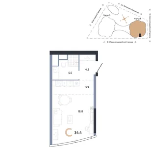 Планировка Студия, 34.4 м² ЖК «АУРУС Резиденции»