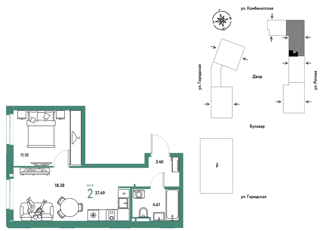 Планировка 2-комн. квартира, 37.49 м² ЖК «Уральский сад»