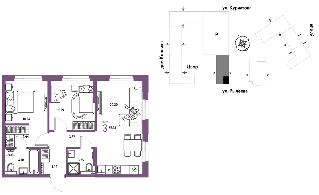 Планировка 3-комн. квартира, 57.28 м² ЖК «Остров-сад»