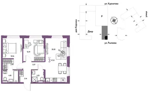 Планировка 3-комн. квартира, 57.28 м² ЖК «Остров-сад»