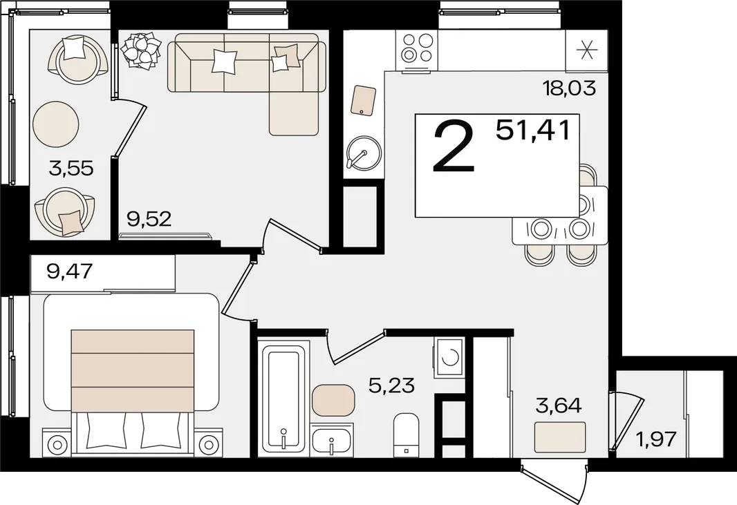 Планировка 2-комн. квартира, 51.41 м² ЖК «Патрики»