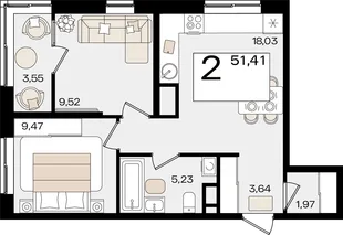 Планировка 2-комн. квартира, 51.41 м² ЖК «Патрики»