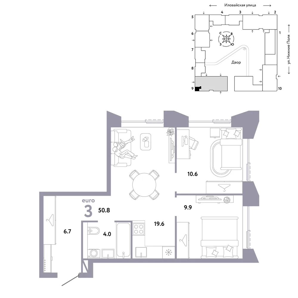 Планировка 3-комн. квартира, 50.8 м² ЖК «Страна.Заречная»