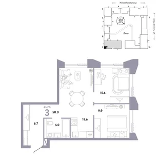 Планировка 3-комн. квартира, 50.8 м² ЖК «Страна.Заречная»