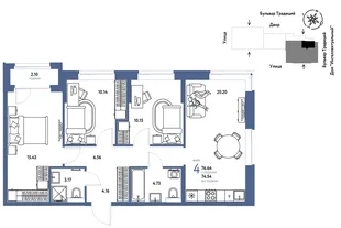 Планировка 4-комн. квартира, 76.64 м² ЖК «Микрорайон Домашний»