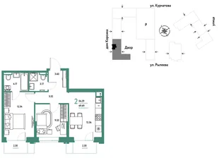 Планировка 2-комн. квартира, 54.86 м² ЖК «Остров-сад»