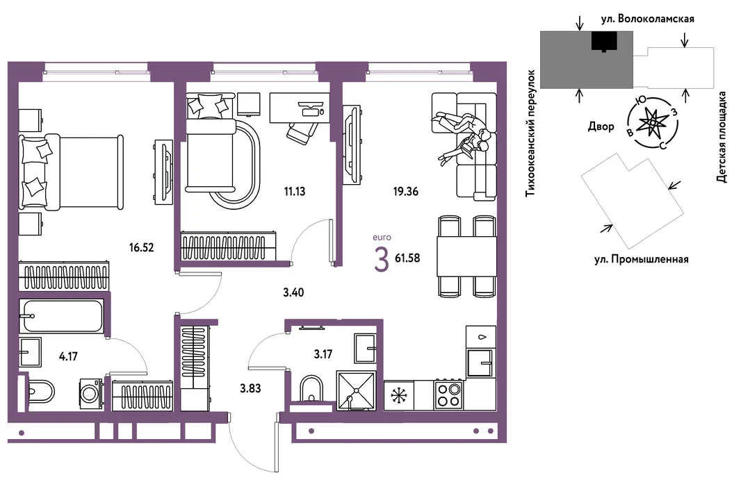 Планировка 3-комн. квартира, 61.58 м² ЖК «Страна Прибрежная»