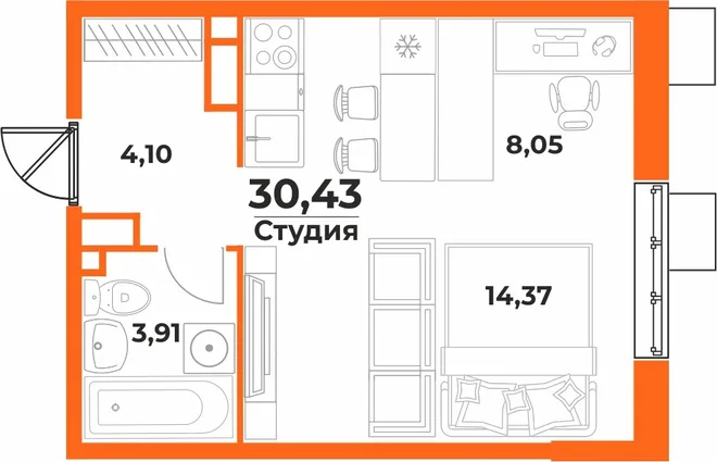 Планировка Студия, 30.43 м² ЖК «Живописный сад» Планировка Студия, 30.43 м² ЖК «Живописный сад»