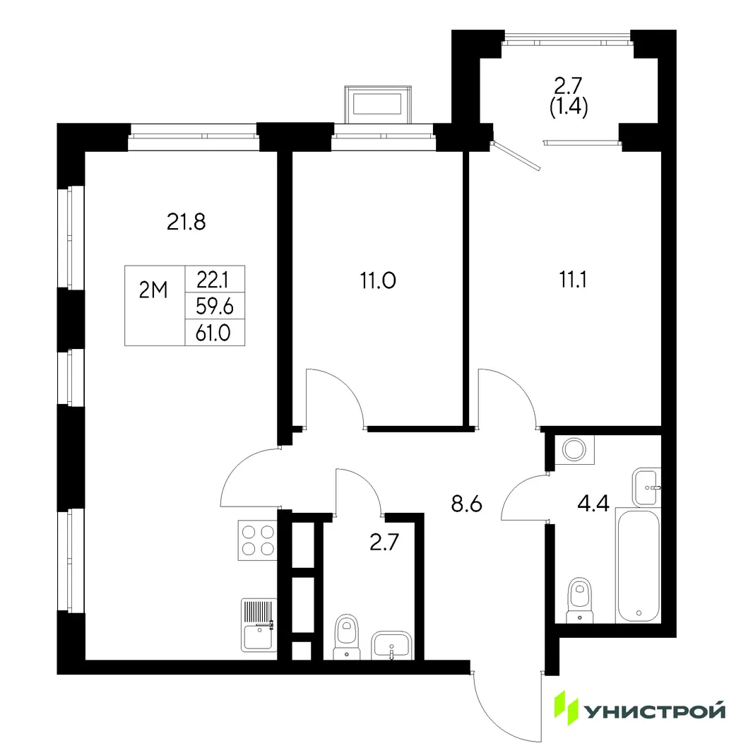 Планировка 2-комн. квартира, 61 м² ЖК «Стадиум»