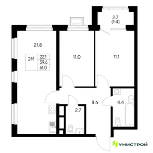 Планировка 2-комн. квартира, 61 м² ЖК «Стадиум»