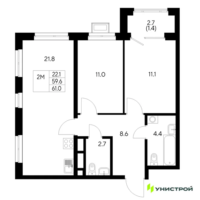 Планировка 2-комн. квартира, 61 м² ЖК «Стадиум» Планировка 2-комн. квартира, 61 м² ЖК «Стадиум»