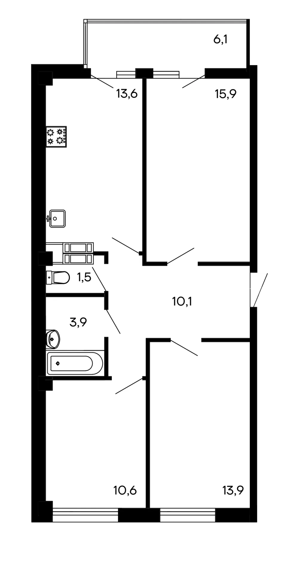 Планировка 3-комн. квартира, 75.6 м² ЖК «Доброгород»