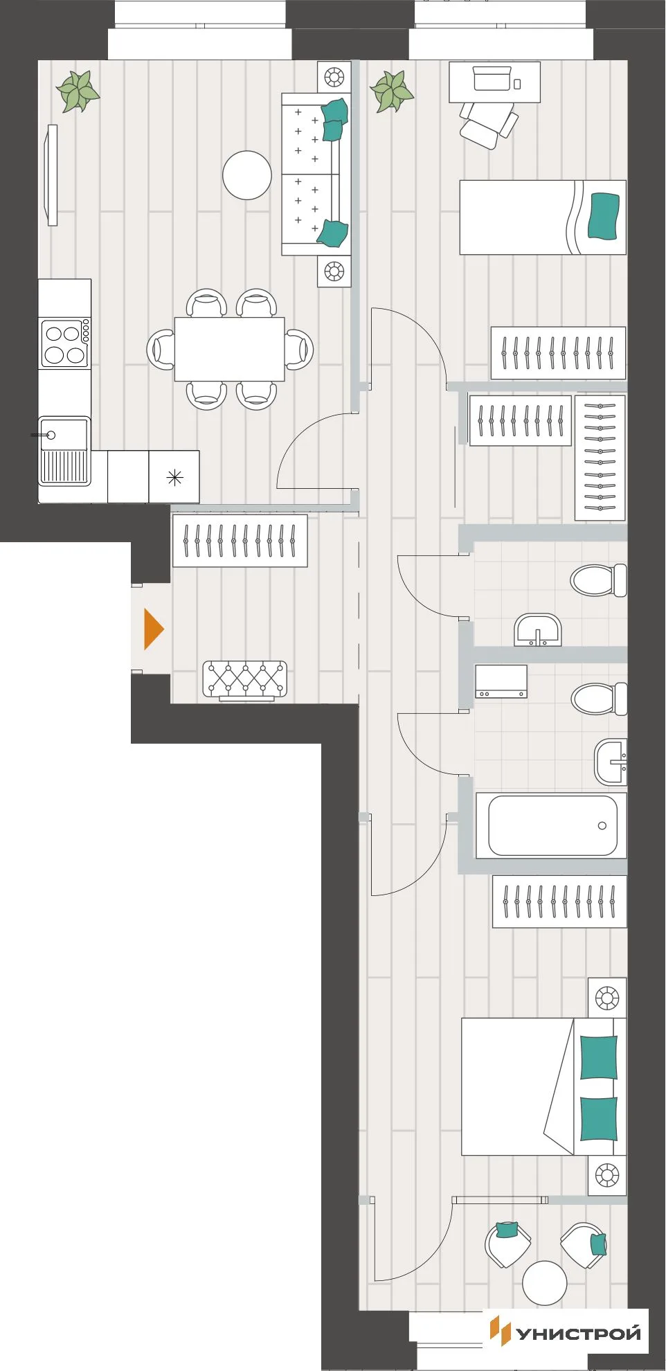 Планировка 2-комн. квартира, 61.36 м² ЖК «Аквамарин»