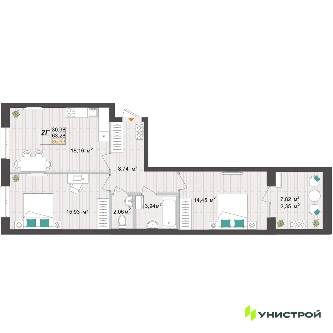 Планировка 2-комн. квартира, 65.63 м² ЖК «Аквамарин»