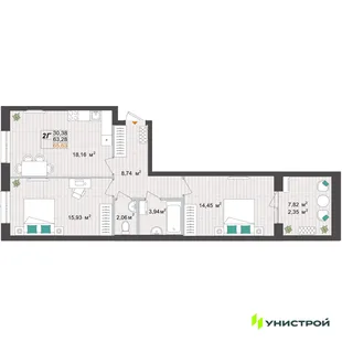 Планировка 2-комн. квартира, 65.63 м² ЖК «Аквамарин»