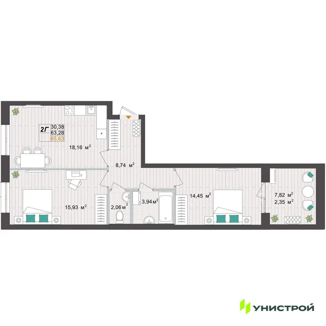 Планировка 2-комн. квартира, 65.63 м² ЖК «Аквамарин» Планировка 2-комн. квартира, 65.63 м² ЖК «Аквамарин»