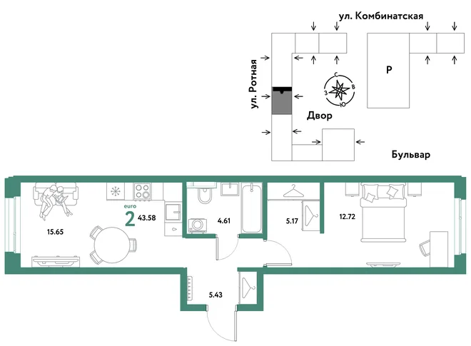 Планировка 2-комн. квартира, 43.58 м² ЖК «Уральский сад» Планировка 2-комн. квартира, 43.58 м² ЖК «Уральский сад»