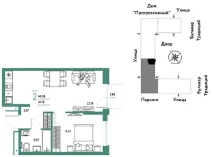 Планировка 2-комн. квартира, 43.08 м² ЖК «Микрорайон Домашний»