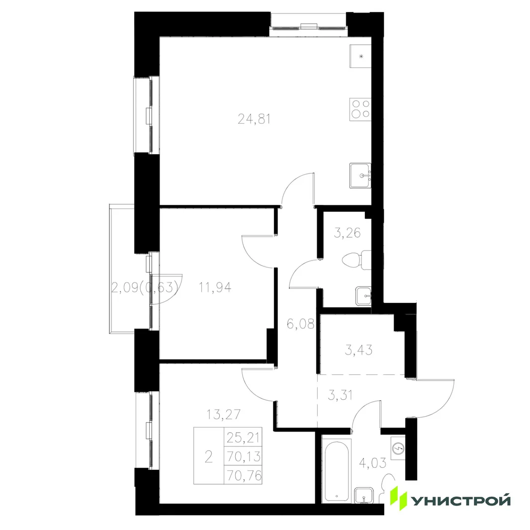 Планировка 2-комн. квартира, 70.76 м² ЖК «Statum»