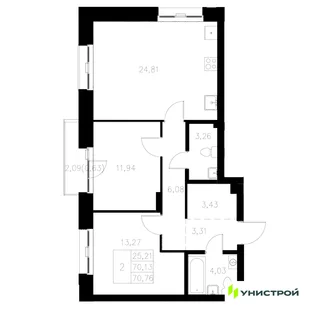 Планировка 2-комн. квартира, 70.76 м² ЖК «Statum»