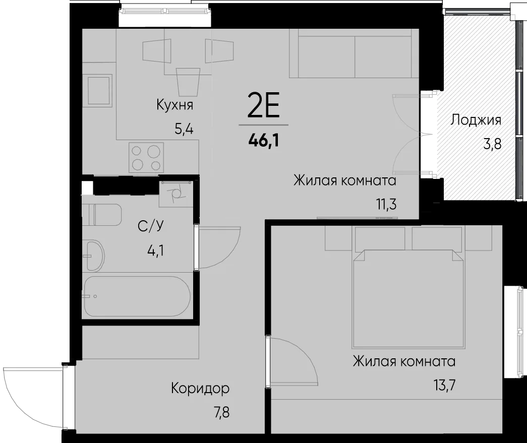 Планировка 2-комн. квартира, 46.1 м² ЖК «Васильевский остров»