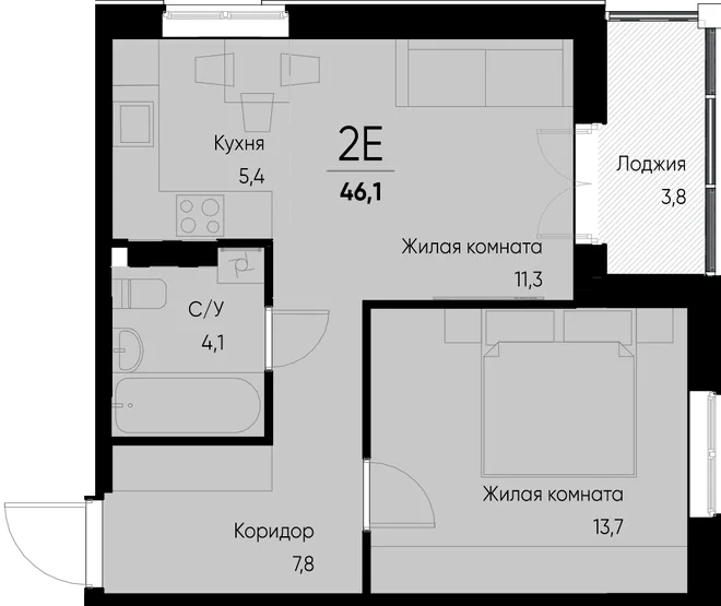 Планировка 2-комн. квартира, 46.1 м² ЖК «Васильевский остров» Планировка 2-комн. квартира, 46.1 м² ЖК «Васильевский остров»