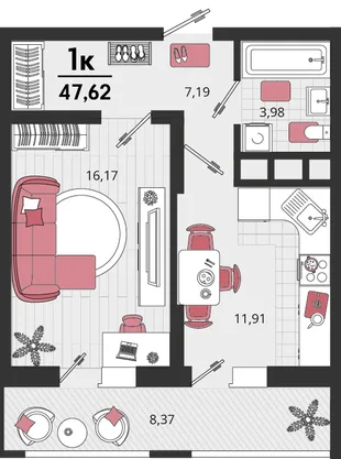 Планировка 1-комн. квартира, 47.62 м² ЖК «Родные просторы»