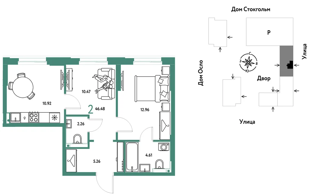 Планировка 2-комн. квартира, 46.48 м² ЖК «Европейский берег 2.0»