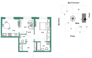 Планировка 2-комн. квартира, 46.48 м² ЖК «Европейский берег 2.0»