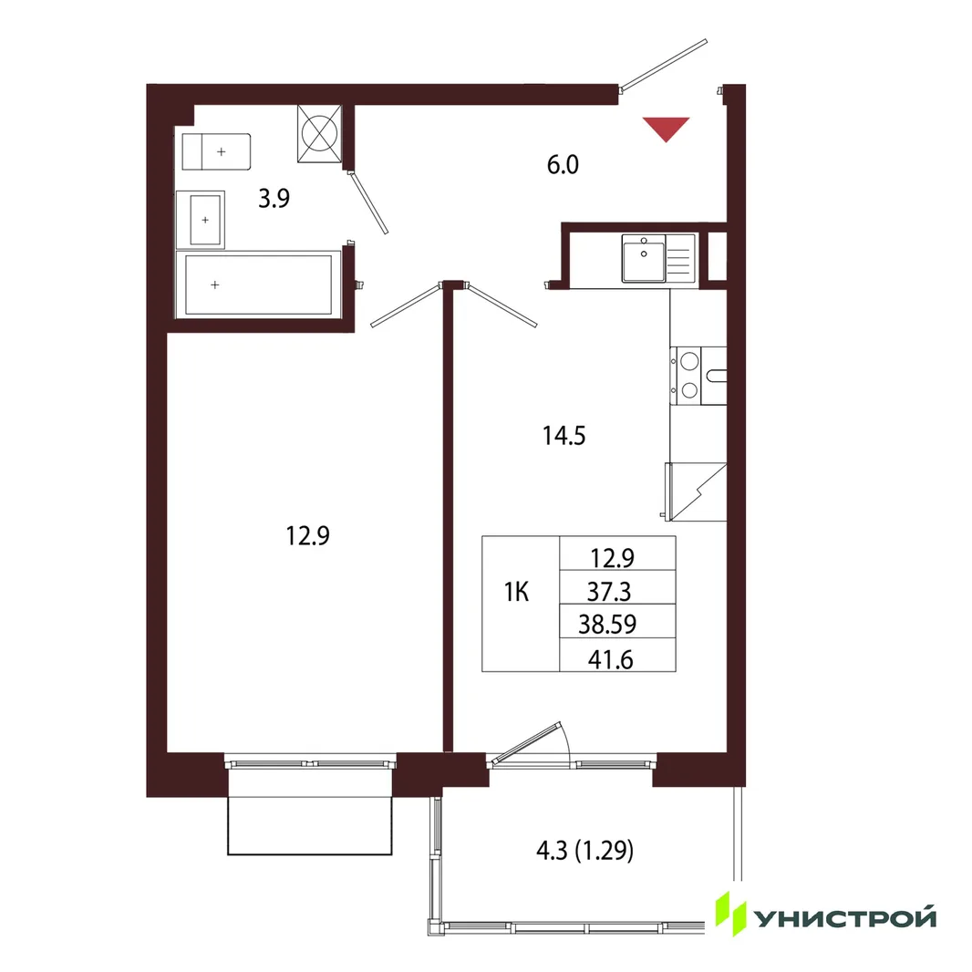 Планировка 1-комн. квартира, 38.59 м² ЖК «Лисино»