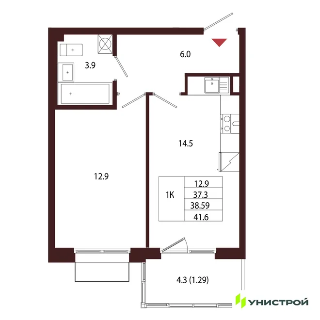 Планировка 1-комн. квартира, 38.59 м² ЖК «Лисино» Планировка 1-комн. квартира, 38.59 м² ЖК «Лисино»