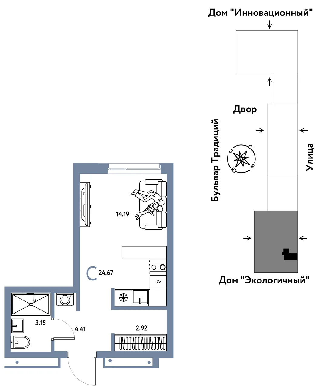 Планировка Студия, 24.67 м² ЖК «Микрорайон Домашний»