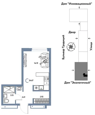 Планировка Студия, 24.67 м² ЖК «Микрорайон Домашний»