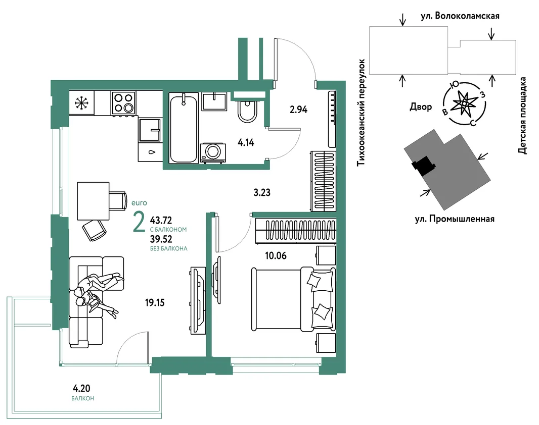 Планировка 2-комн. квартира, 43.72 м² ЖК «Страна Прибрежная»