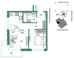 Планировка 2-комн. квартира, 43.72 м² ЖК «Страна Прибрежная»