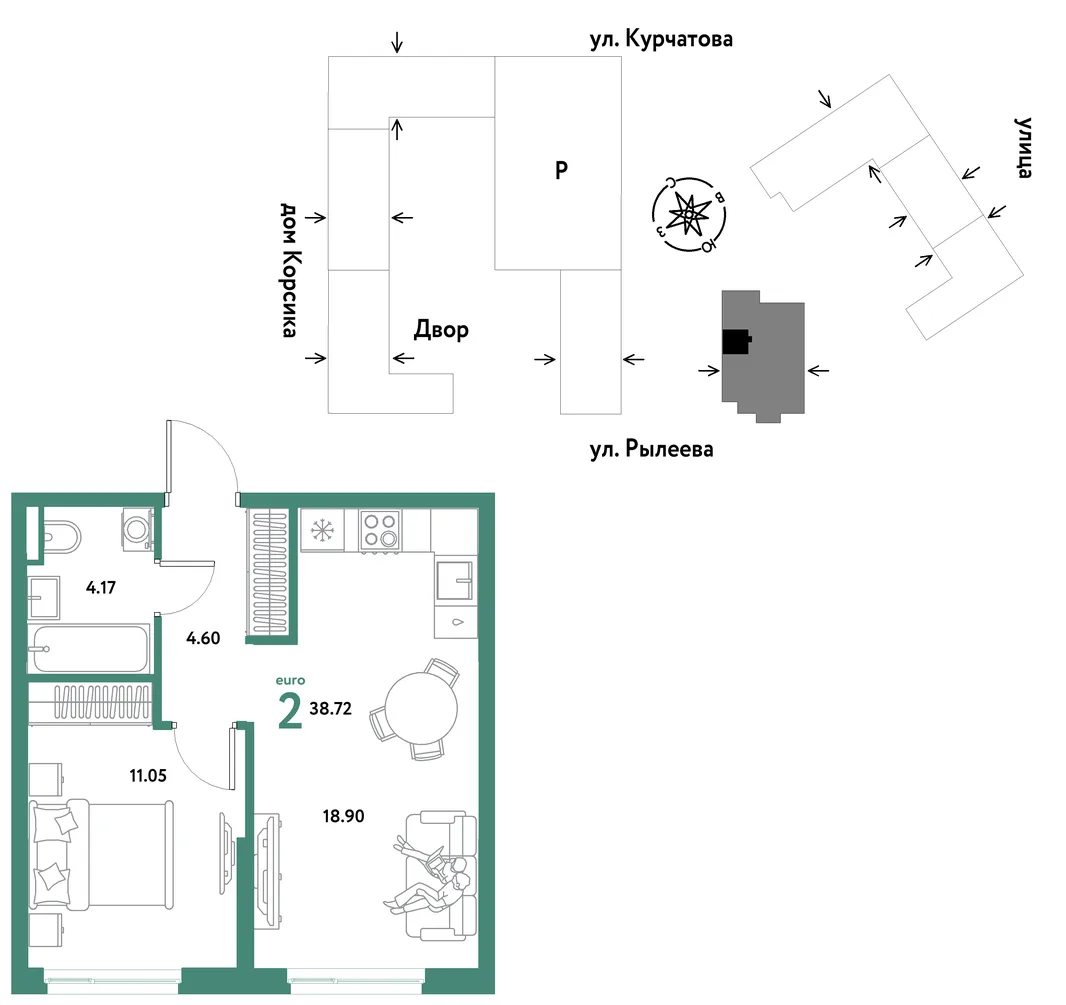 Планировка 2-комн. квартира, 38.72 м² ЖК «Остров-сад»
