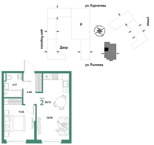 Планировка 2-комн. квартира, 38.72 м² ЖК «Остров-сад»