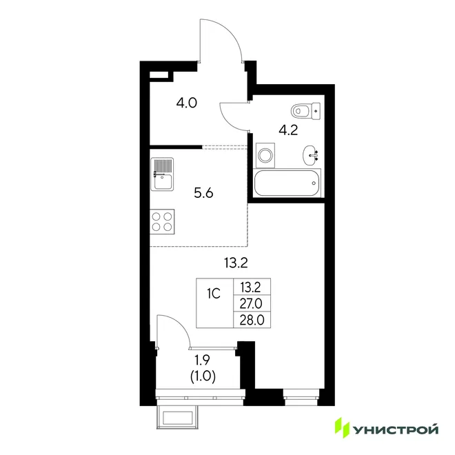 Планировка 1-комн. квартира, 28 м² ЖК «Стадиум»