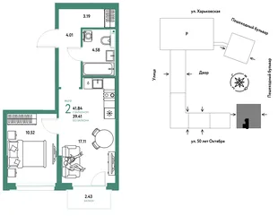 Планировка 2-комн. квартира, 41.84 м² ЖК «Сердце Сибири»