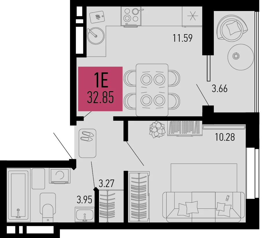 Планировка 1-комн. квартира, 32.85 м² ЖК «Столицыно»