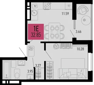 Планировка 1-комн. квартира, 32.85 м² ЖК «Столицыно»
