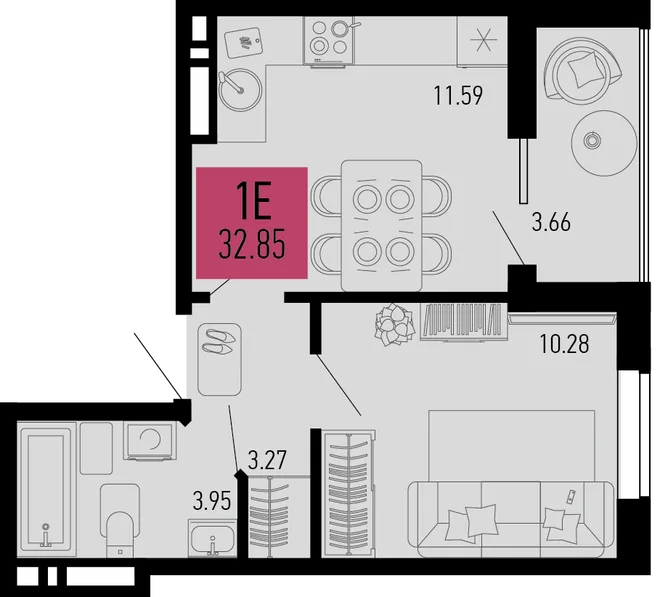 Планировка 1-комн. квартира, 32.85 м² ЖК «Столицыно» Планировка 1-комн. квартира, 32.85 м² ЖК «Столицыно»