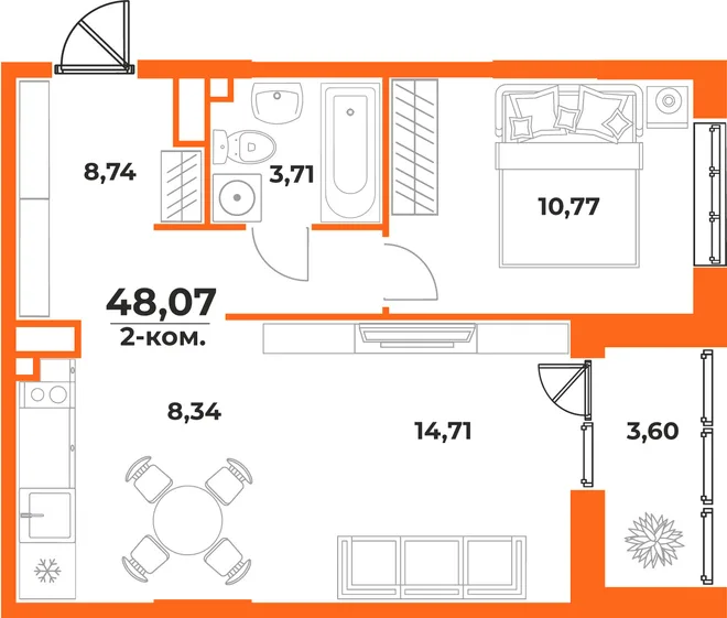 Планировка 2-комн. квартира, 48.07 м² ЖК «Живописный сад» Планировка 2-комн. квартира, 48.07 м² ЖК «Живописный сад»