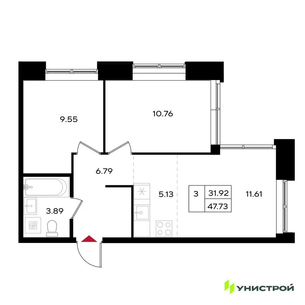 Планировка 3-комн. квартира, 47.73 м² ЖК «Уникум на Энгельса»