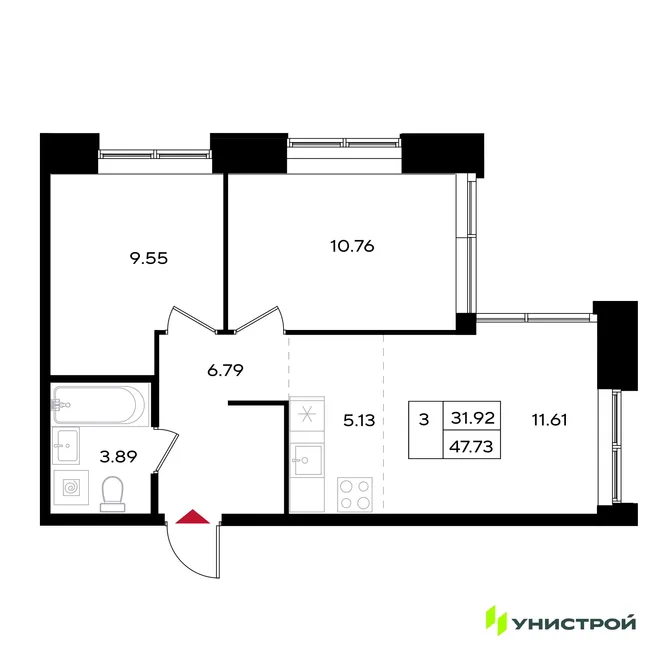Планировка 3-комн. квартира, 47.73 м² ЖК «Уникум на Энгельса» Планировка 3-комн. квартира, 47.73 м² ЖК «Уникум на Энгельса»